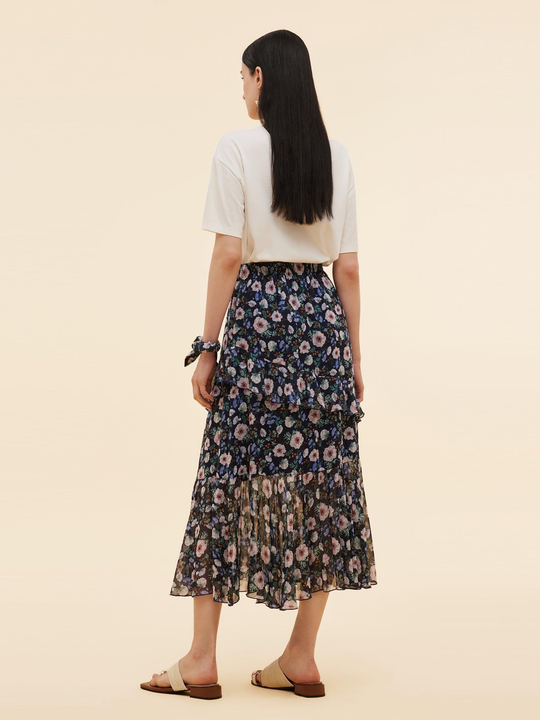 10MM Mulberry Silk Floral Print Women Tiered Skirt Product Image