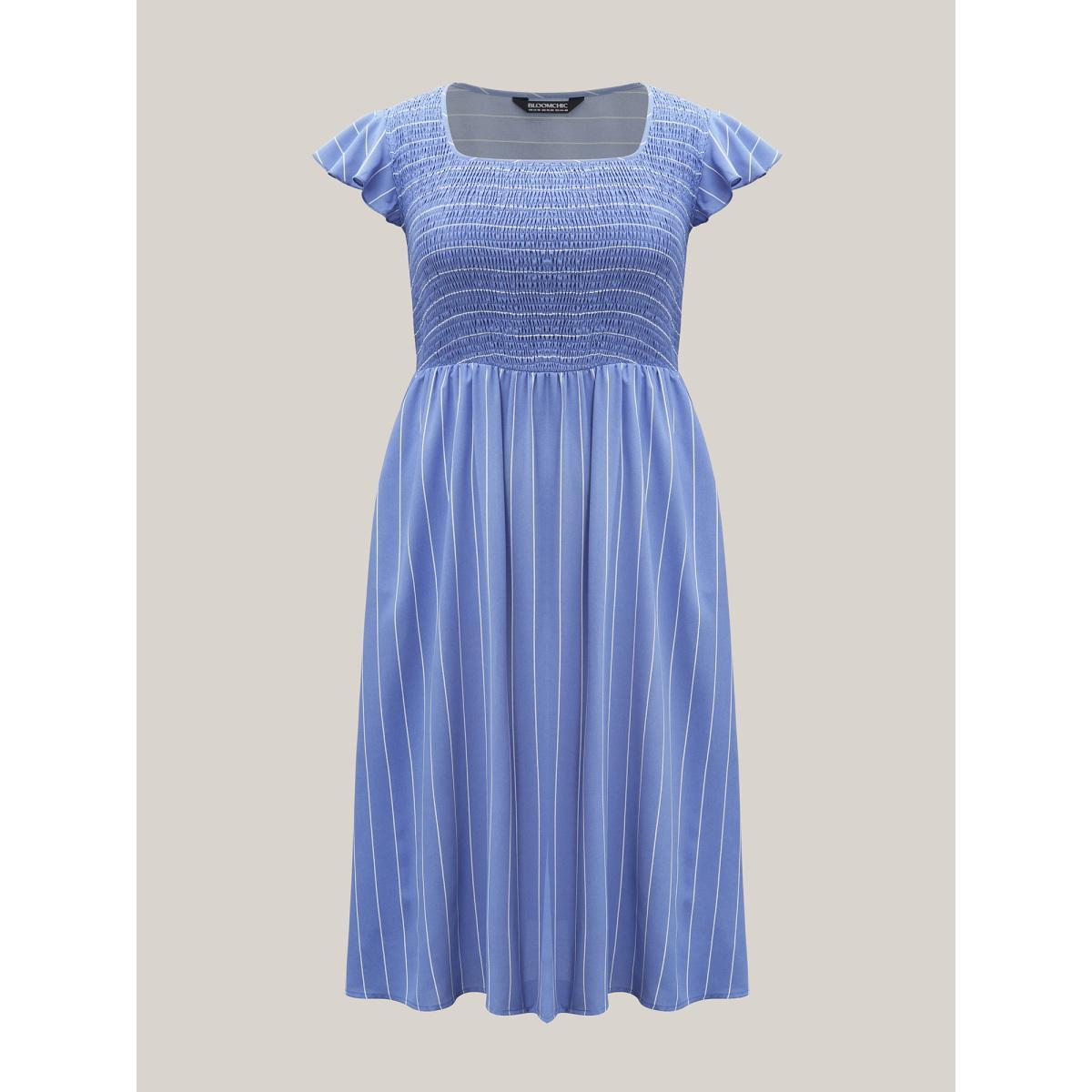 Plus Size Striped Shirred Flutter Sleeve Midi Dress Skyblue Women Casual Shirred Square Neck Cap Sleeve Curvy BloomChic 18-20/2X Product Image
