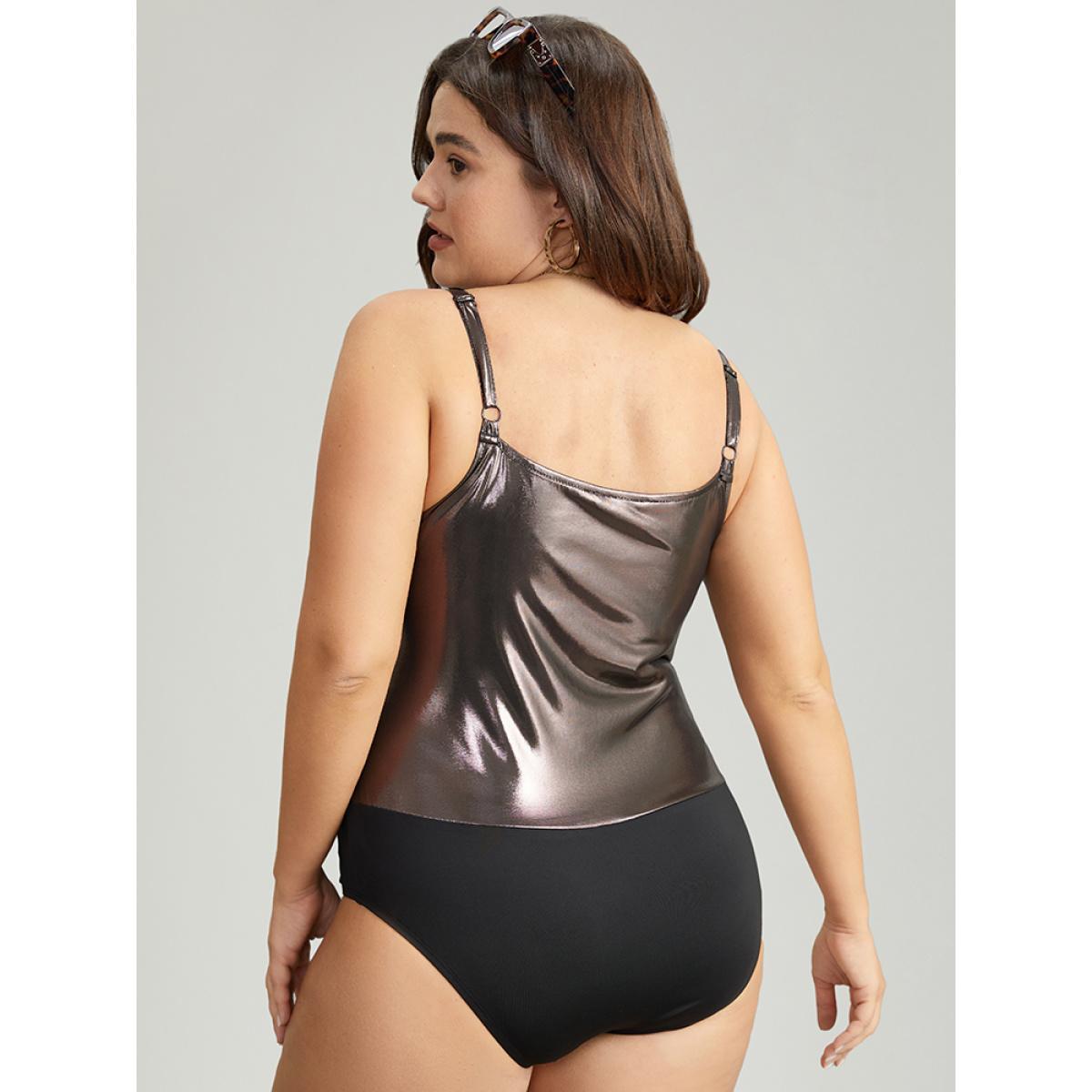 Plus Size Solid Patchwork Ruched Adjustable Straps Bodysuit Women Black Plain Gathered Bodysuits BloomChic 28/5X Product Image