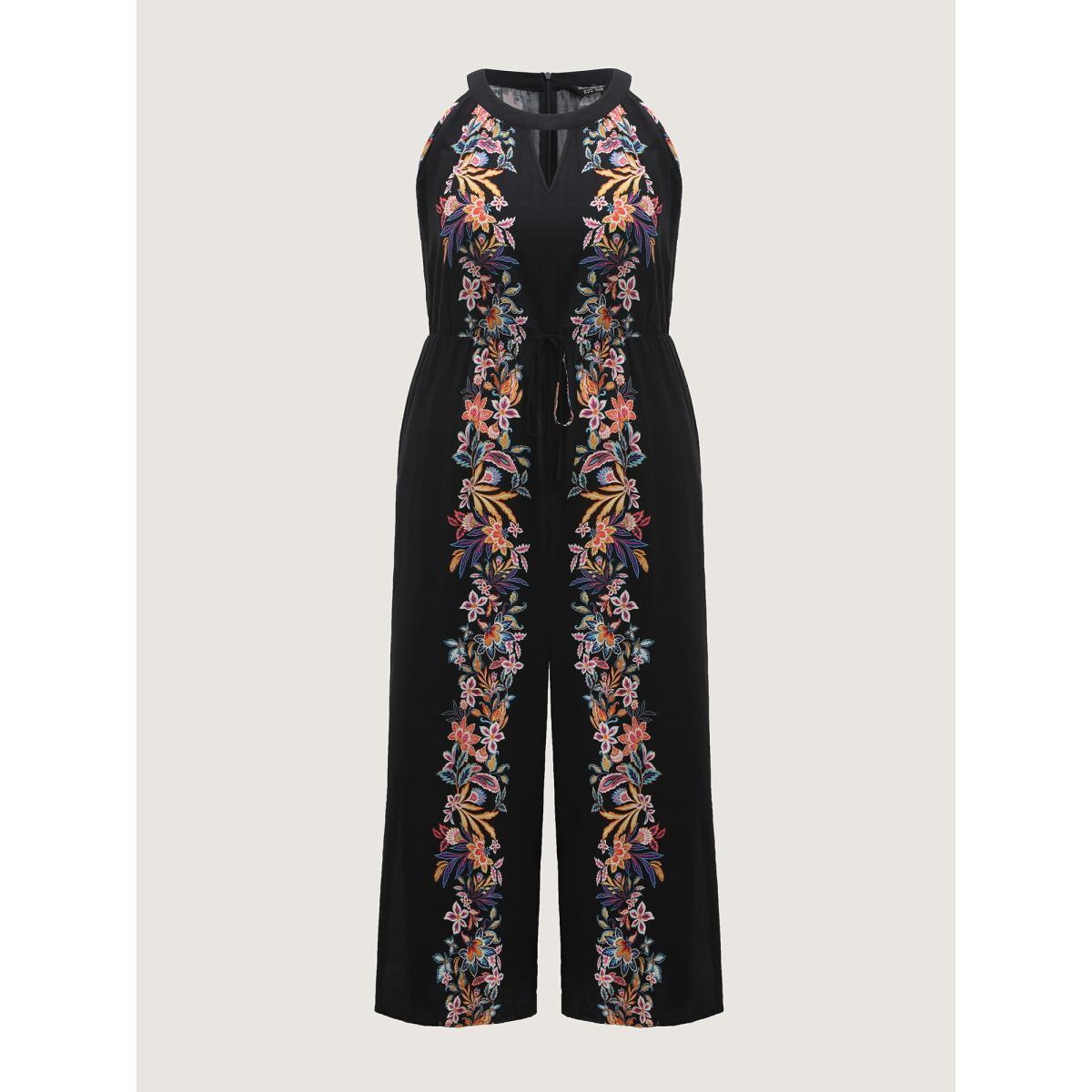 Plus Size Black Floral Halter Neck Slit Hem Jumpsuit Women Sleeveless Halter neck Vacation Loose Jumpsuits BloomChic 10/M Product Image