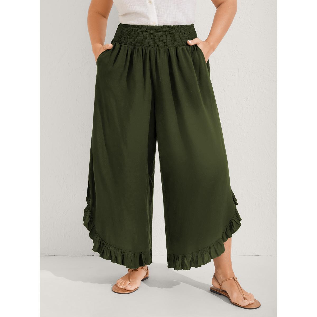 Plus Size Ruffled Curvy Hem Wide-Leg Pants Women Plum Resort Wide Leg Mid Rise Vacation Pants BloomChic 10/M Product Image