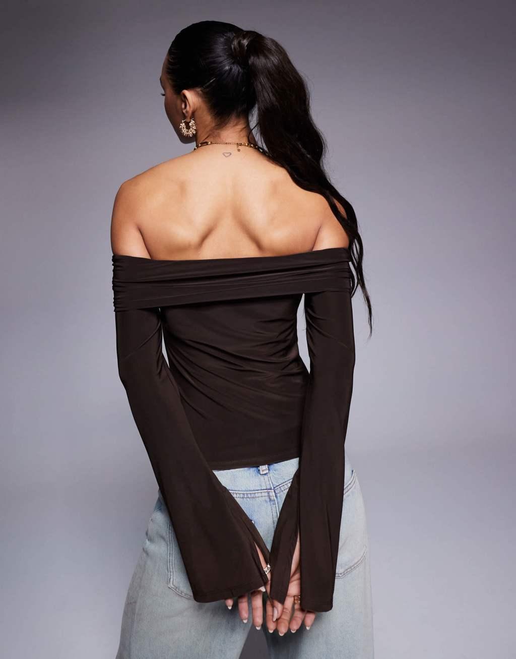 ASOS DESIGN ruched front bardot top in chocolate Product Image