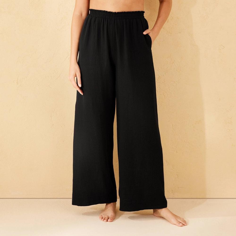 Women's Gauze Cover Up Pants - Shade & Shore™ Black XS: Cotton, Pull-On, Elastic Waist, Maxi Length, Sheer, Machine Washable Product Image
