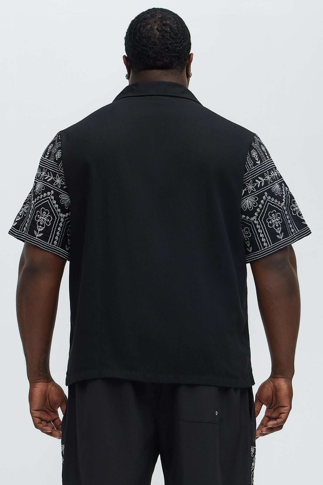 Embroidered Floral Cuban Collar Button Up Shirt - Black/combo Product Image