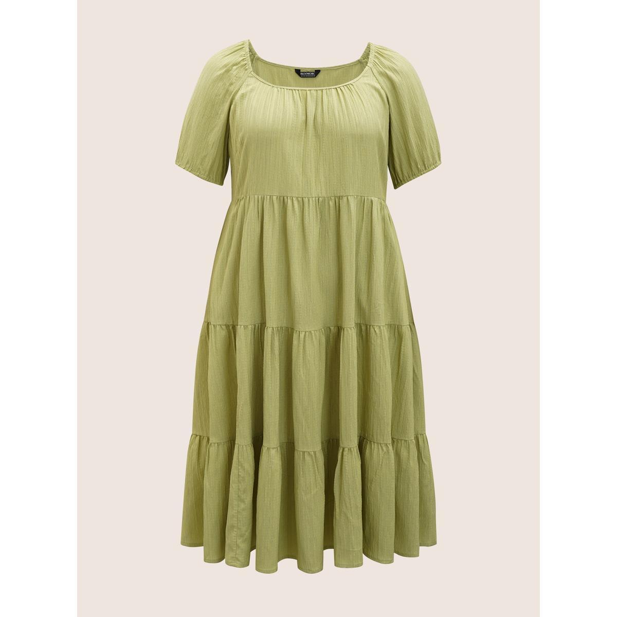 Plus Size Texture Gathered Ruffle Layered Hem Midi Dress Applegreen Women Resort Texture Square Neck Short sleeve Curvy BloomChic 12/L Product Image