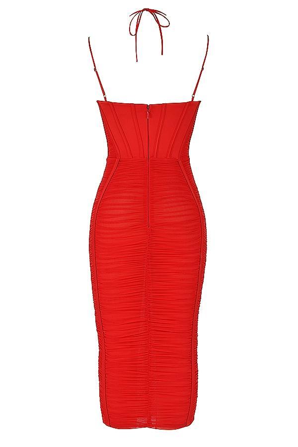 Maya Scarlet Ruched Midi Dress Product Image