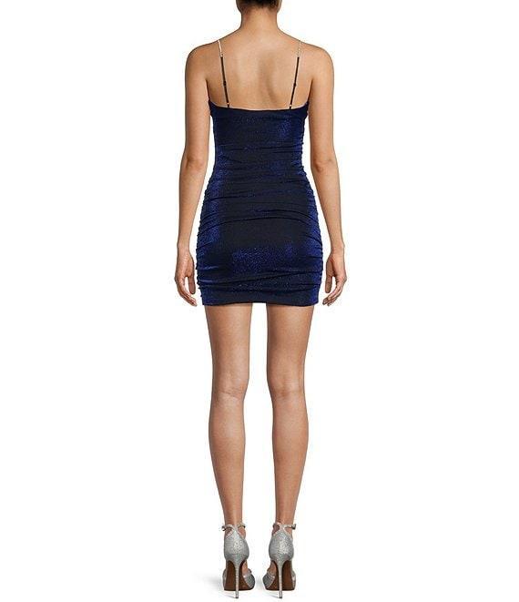 Honey and Rosie Metallic Knit Cowl Neck Rhinestone Trim Shirred Mini Dress Product Image