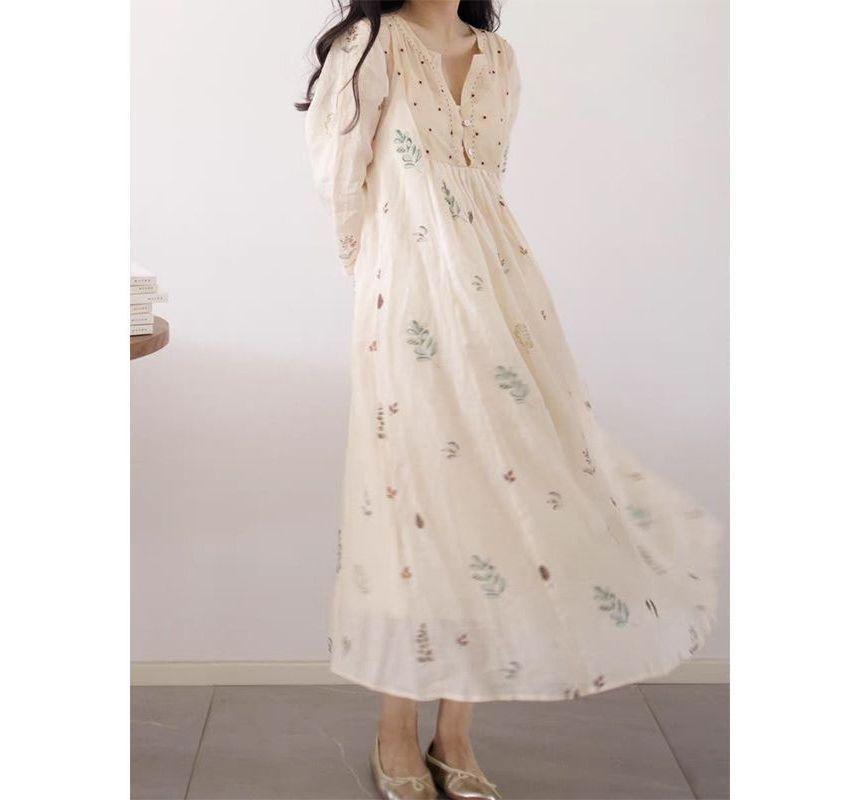 Long-Sleeve Round Neck Floral Midi A-Line Dress Product Image