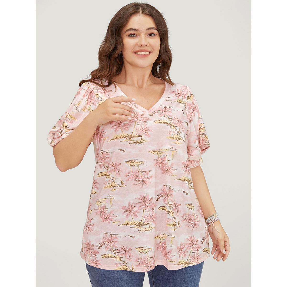 Plus Size Coconut Tree Print Gathered Twist Sleeve T-shirt Rouge Women Vacation Tropical V-neck Dailywear T-shirts BloomChic 10/M Product Image