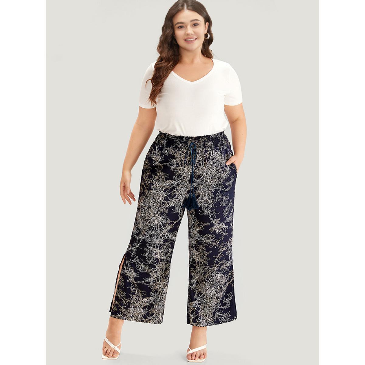 Plus Size Graphic Print Shirred Split Side Tassels Ties Pants Women Indigo Elegant Straight Leg High Rise Dailywear Pants BloomChic 30/6X Product Image