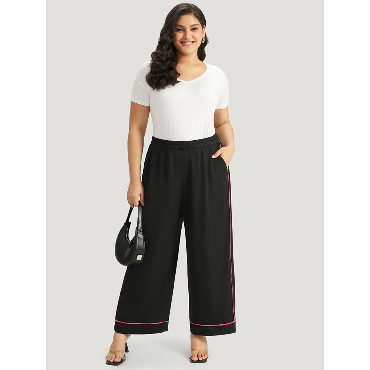Plus Size Anti-Wrinkle Contrast Elastic Waist Seam Detail Loose Pants Women Black Office Wide Leg High Rise Work Pants BloomChic 10/M Product Image