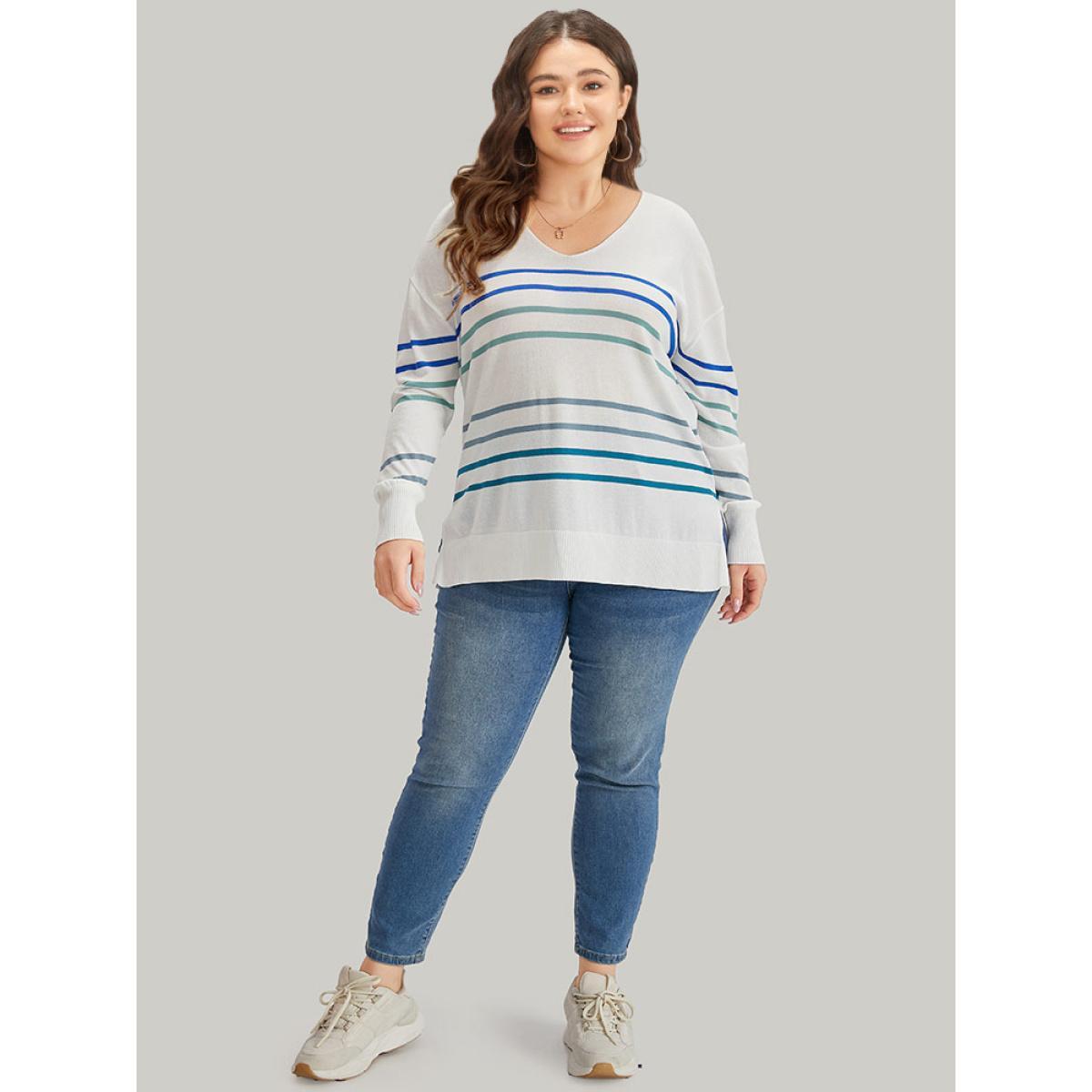 Plus Size Striped V Neck Split Hem Pullover White Women Casual Loose Long Sleeve V-neck Everyday Pullovers BloomChic 18-20/2X Product Image