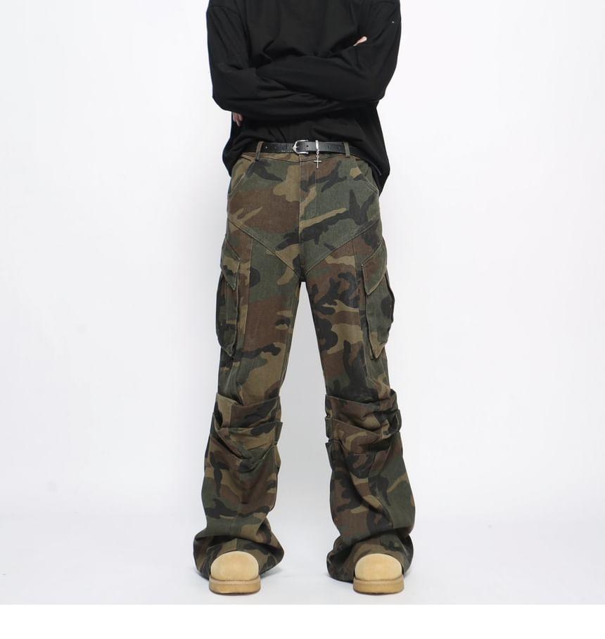 Mid Rise Camo Print Ruched Wide Leg Cargo Pants Product Image