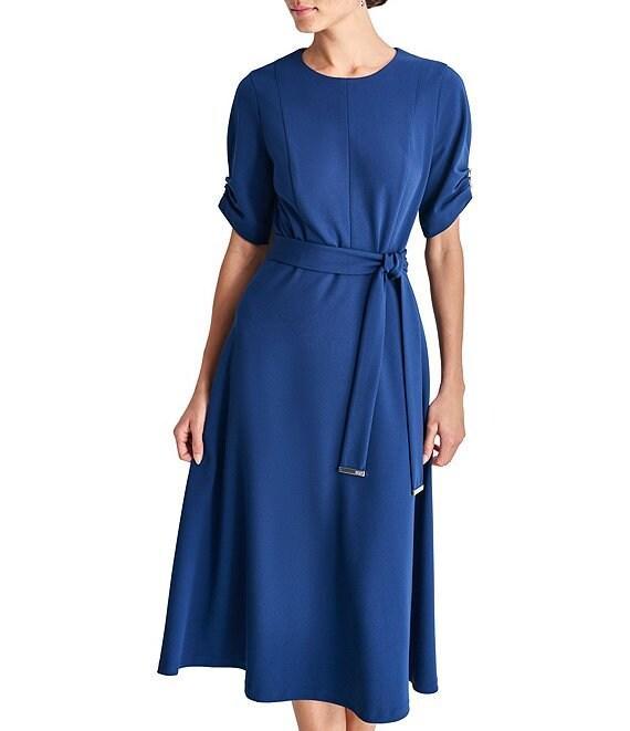 DKNY by Donna Karan Knit Round Neck Short Ruched Sleeve Tie Waist Midi Dress Product Image