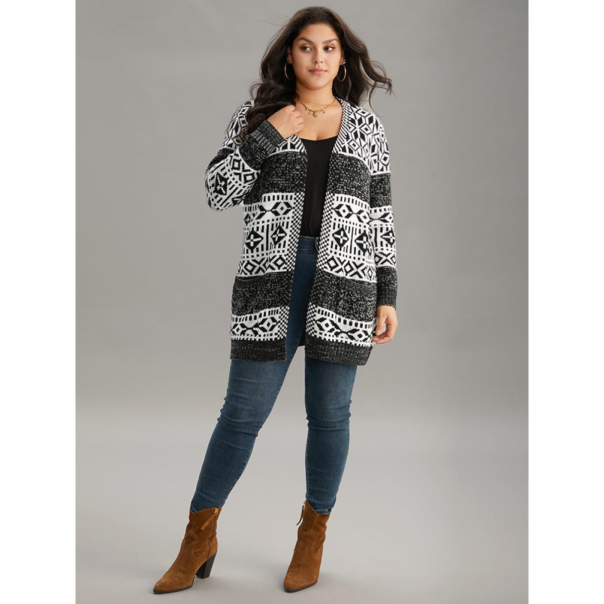 Plus Size Boho Print Heather Jacquard Cardigan Black Women Casual Loose Long Sleeve Dailywear Cardigans BloomChic 28/5X Product Image