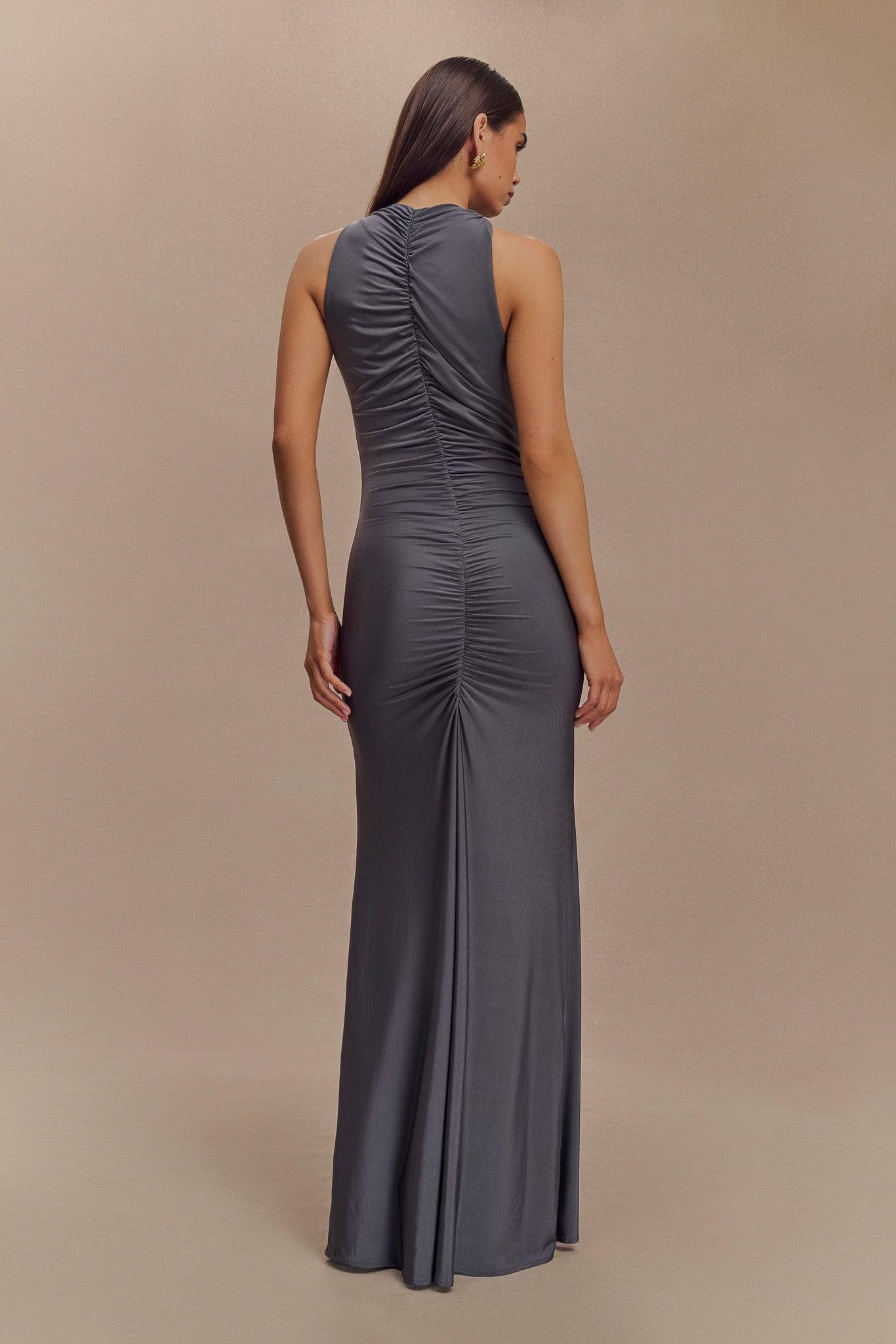 Priya Slinky Ruched Halter Maxi Dress - Dark Charcoal Product Image