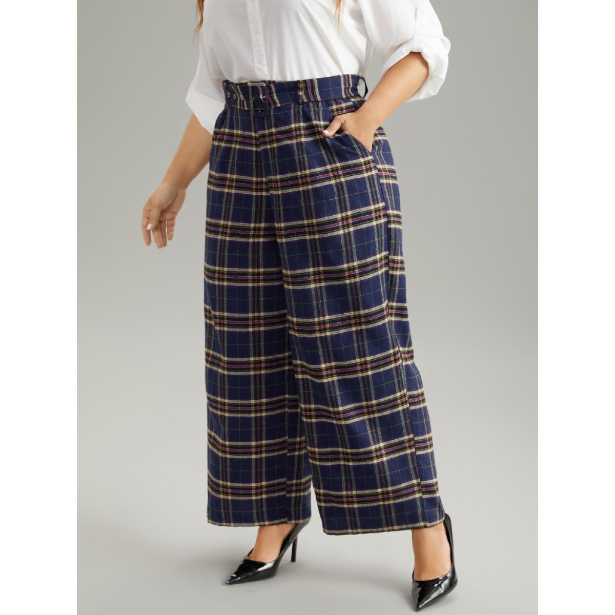 Plus Size Plaid Pocket Eyelet Belted Straight Leg Pants Women Indigo Office Straight Leg High Rise Work Pants BloomChic 18-20/2X Product Image