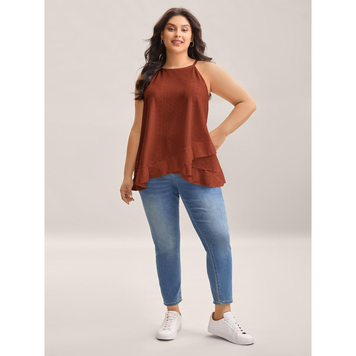 Plus Size Textured Knit Overlap Hem Tank Top Women Browncoffeecolor Overlapping Round Neck Everyday-Casual Tank Tops Camis BloomChic 22-24/3X Product Image