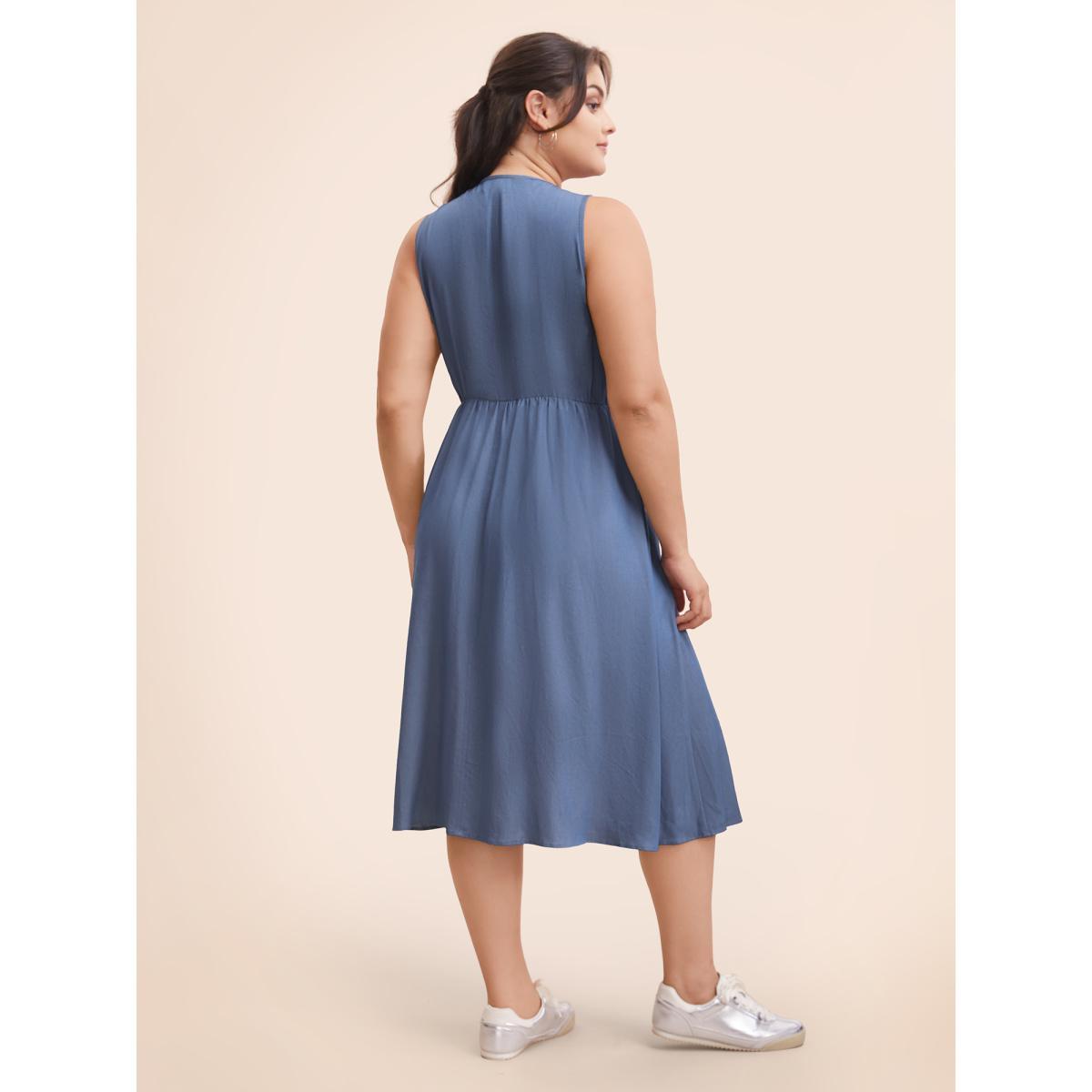 Plus Size V Neck 2 In 1 Bodycon Dress DarkBlue Women Casual Button V-neck Sleeveless Curvy BloomChic 18-20/2X Product Image