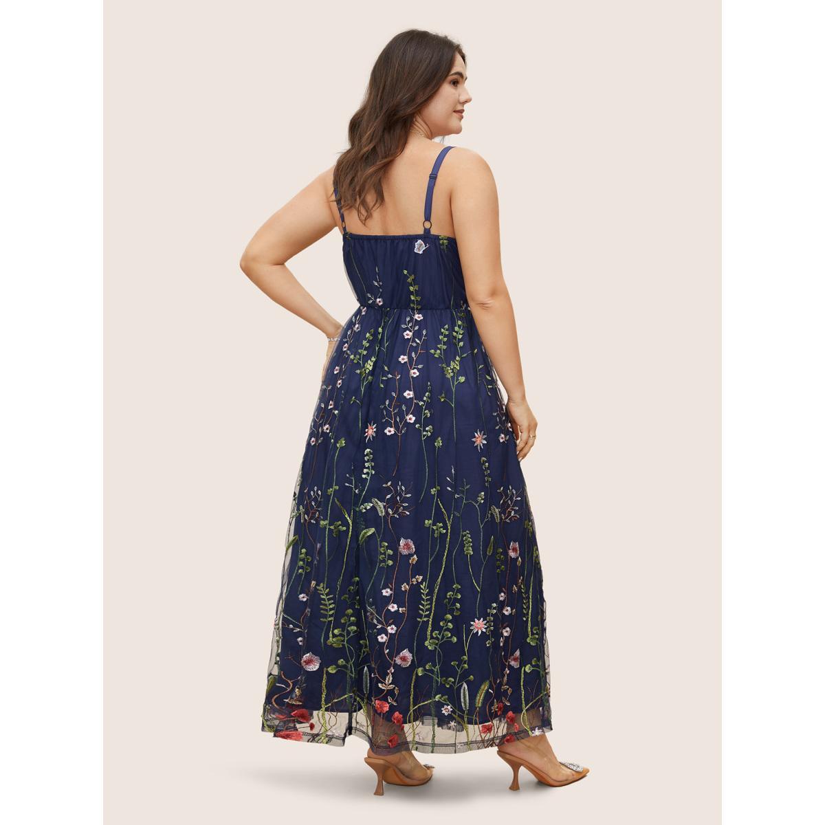 Plus Size U Neck Floral Embroidered Mesh Cami Dress DarkBlue Women Formal U-neck Sleeveless Curvy BloomChic 14-16/1X Product Image