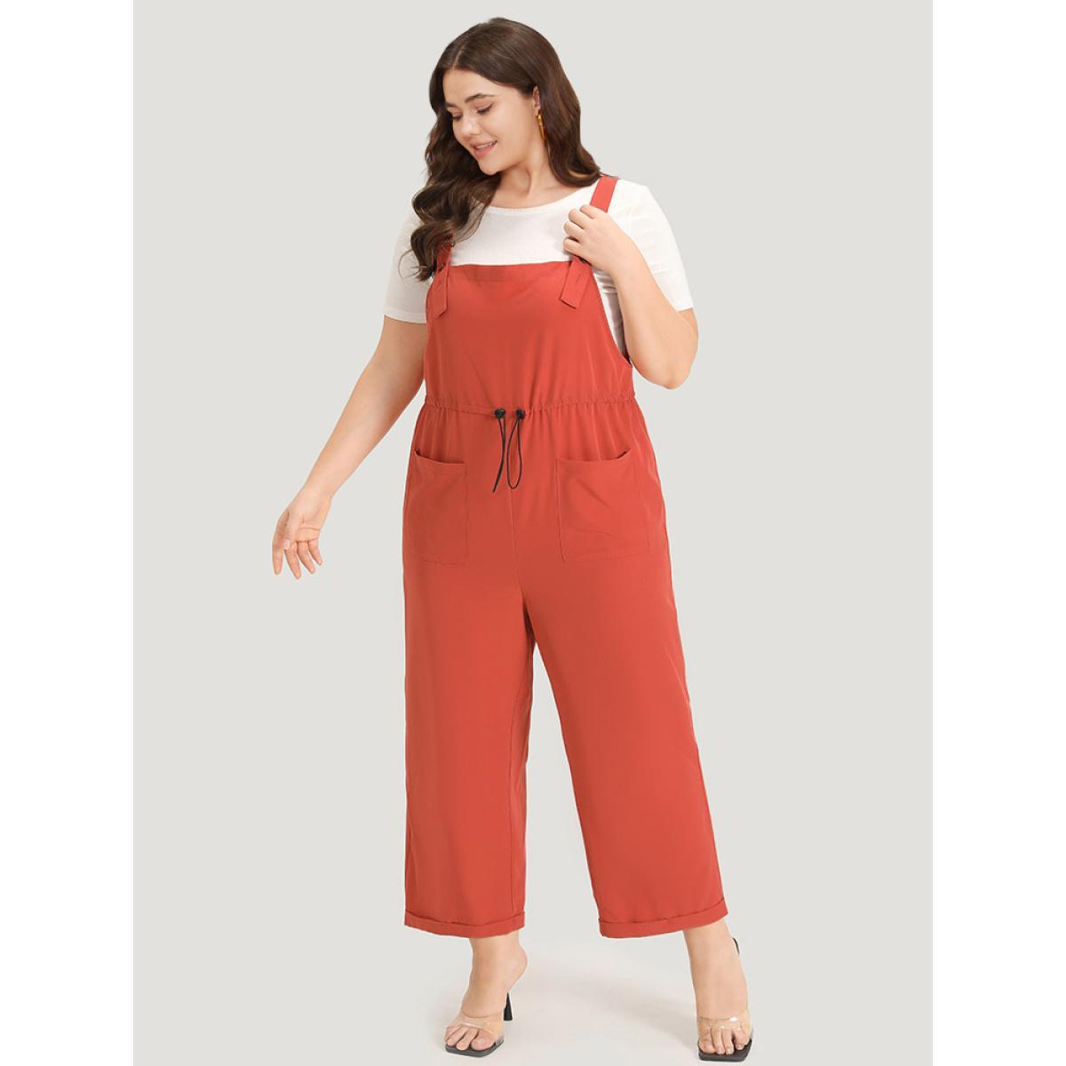 Plus Size OrangeRed Plain Button Up Pocket Roll Hem Drawstring Jumpsuit Women Elegant Sleeveless Spaghetti Strap Dailywear Loose Jumpsuits BloomChic 18-20/2X Product Image
