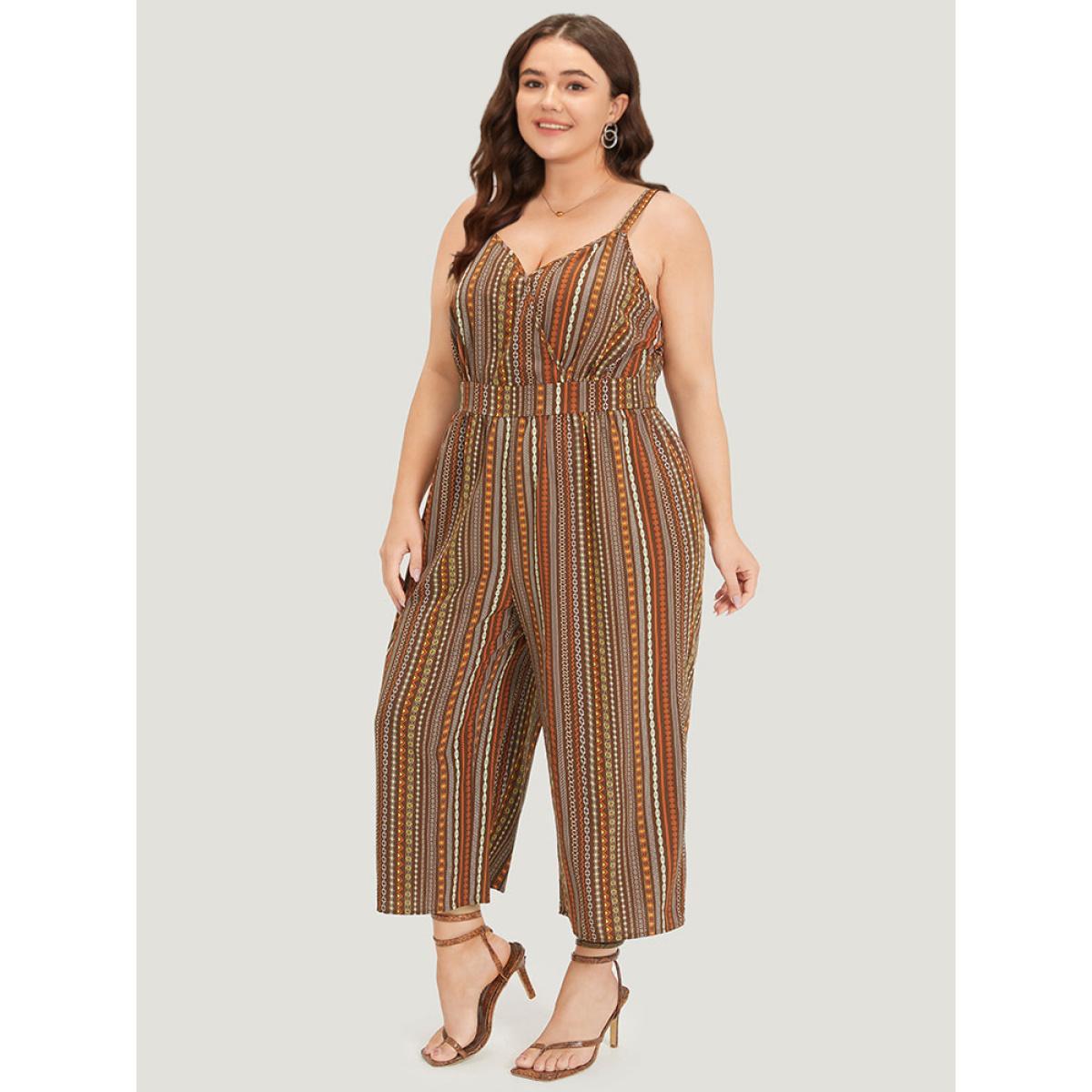 Plus Size DarkBrown Bandana Print Pocket Adjustable Straps Wrap Cami Jumpsuit Women Elegant Sleeveless Spaghetti Strap Dailywear Loose Jumpsuits BloomChic 14-16/1X Product Image