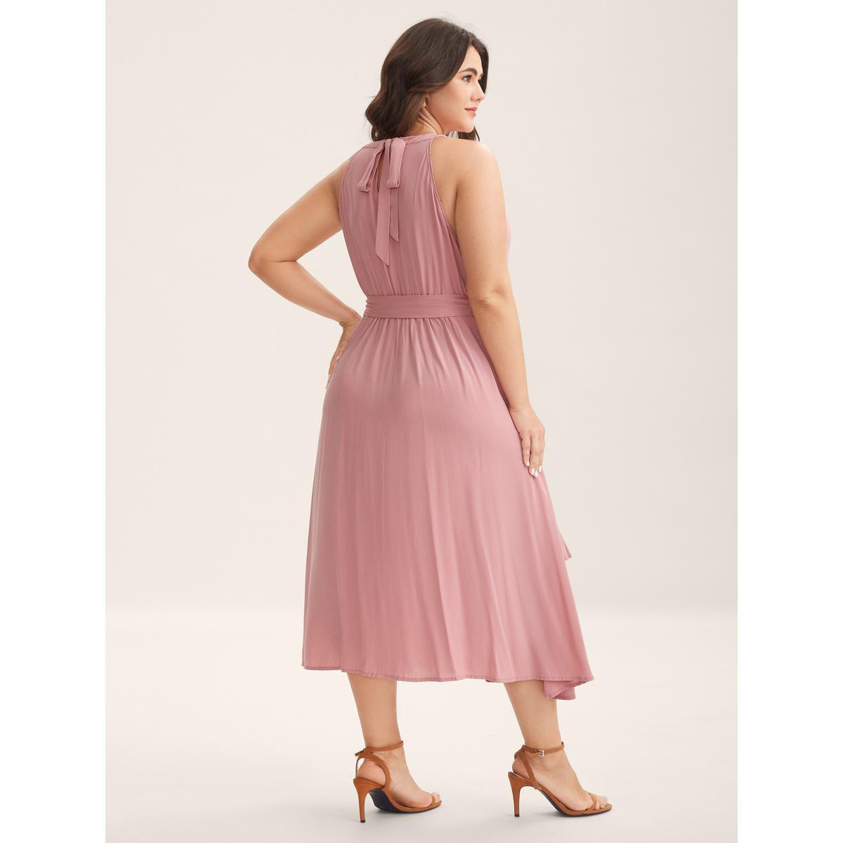 Plus Size Ruffled Halter Neck Solid Midi Dress Watermelon Women Halter neck Sleeveless Curvy BloomChic 18-20/2X Product Image