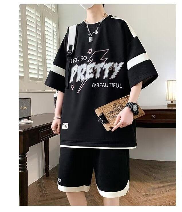 Set: 3/4-Sleeve Crew Neck Mock Two-Piece Two Tone Lettering Print T-Shirt + Drawstring Waist Wide Leg Sweat Shorts Product Image