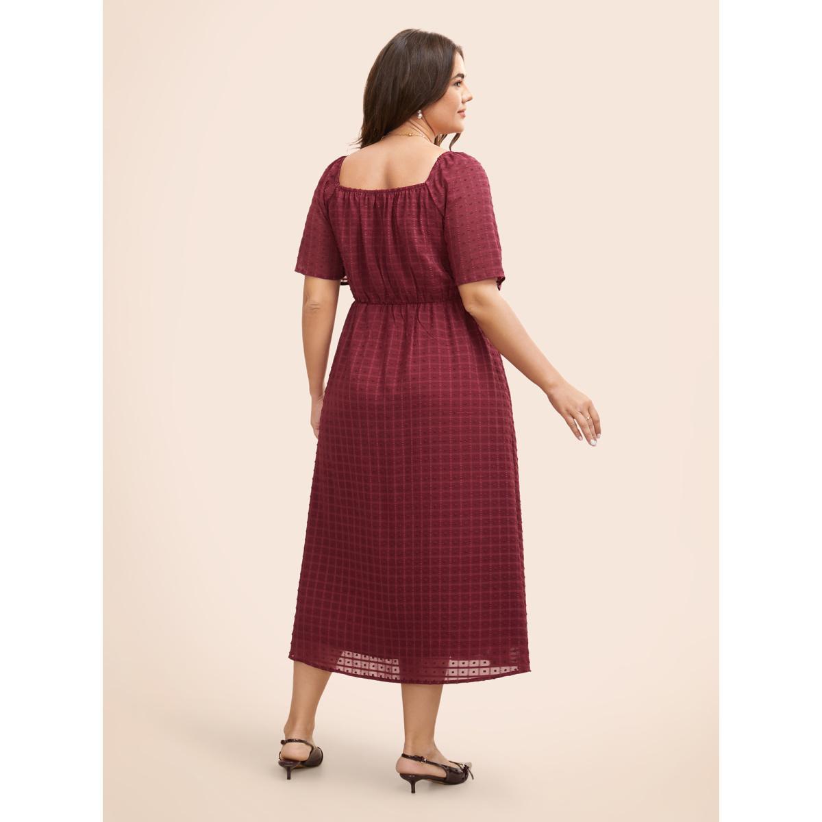 Plus Size Square Neck Textured Shirred Midi Dress Burgundy Women Elegant Texture Square Neck Short sleeve Curvy BloomChic 18-20/2X Product Image