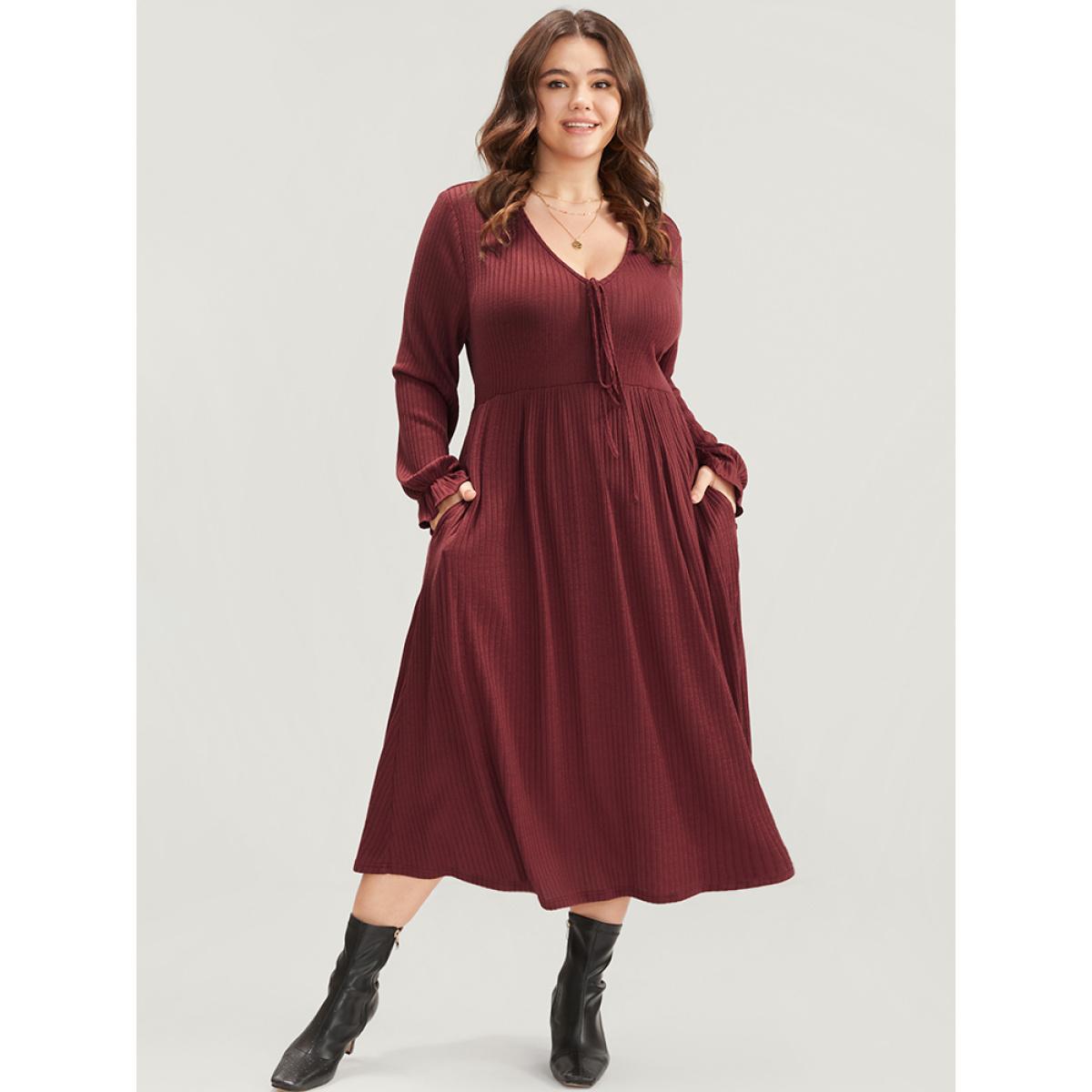 Plus Size Solid Lantern Sleeve Tie Neck Pocket Rib Knit Dress Burgundy Women Casual Pocket V-neck Long Sleeve Curvy Midi Dress BloomChic 10/M Product Image