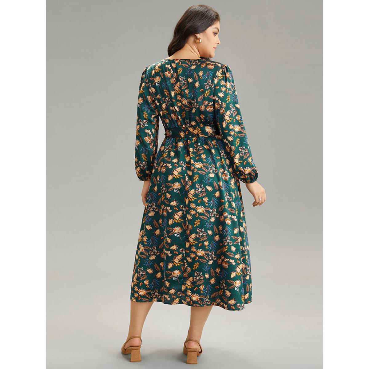 Plus Size Floral Lantern Sleeve Belted Elastic Waist Dress Cyan Women Office Elastic cuffs Round Neck Long Sleeve Curvy Midi Dress BloomChic 22-24/3X Product Image