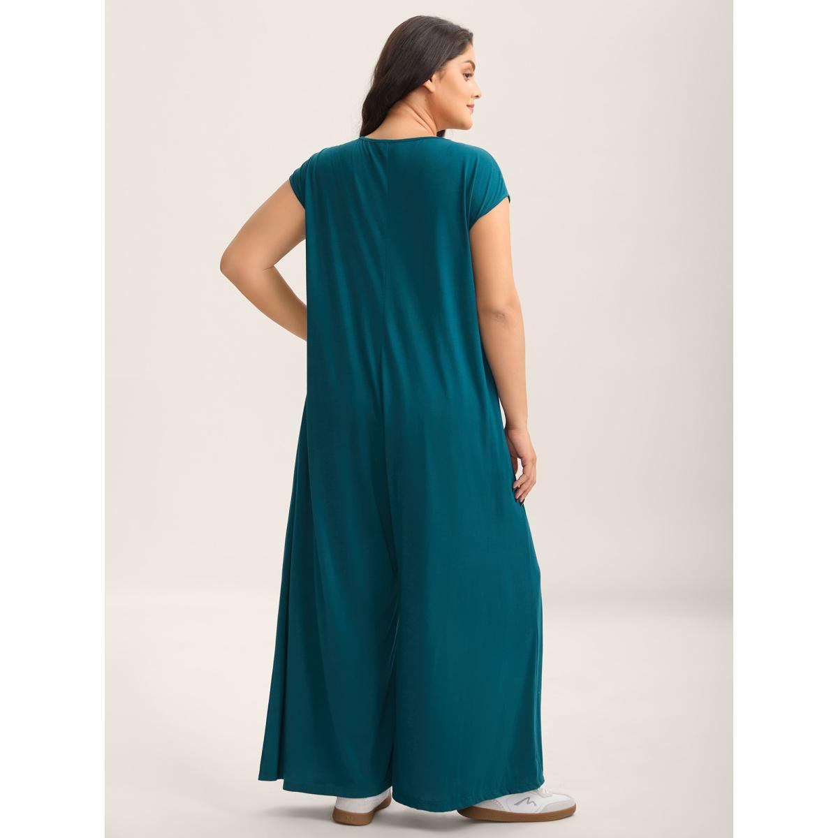 Plus Size Aegean Stretch Button Pockets Solid Jumpsuit Women Sleeveless V-neck Everyday-Casual Loose Jumpsuits BloomChic 18-20/2X Product Image