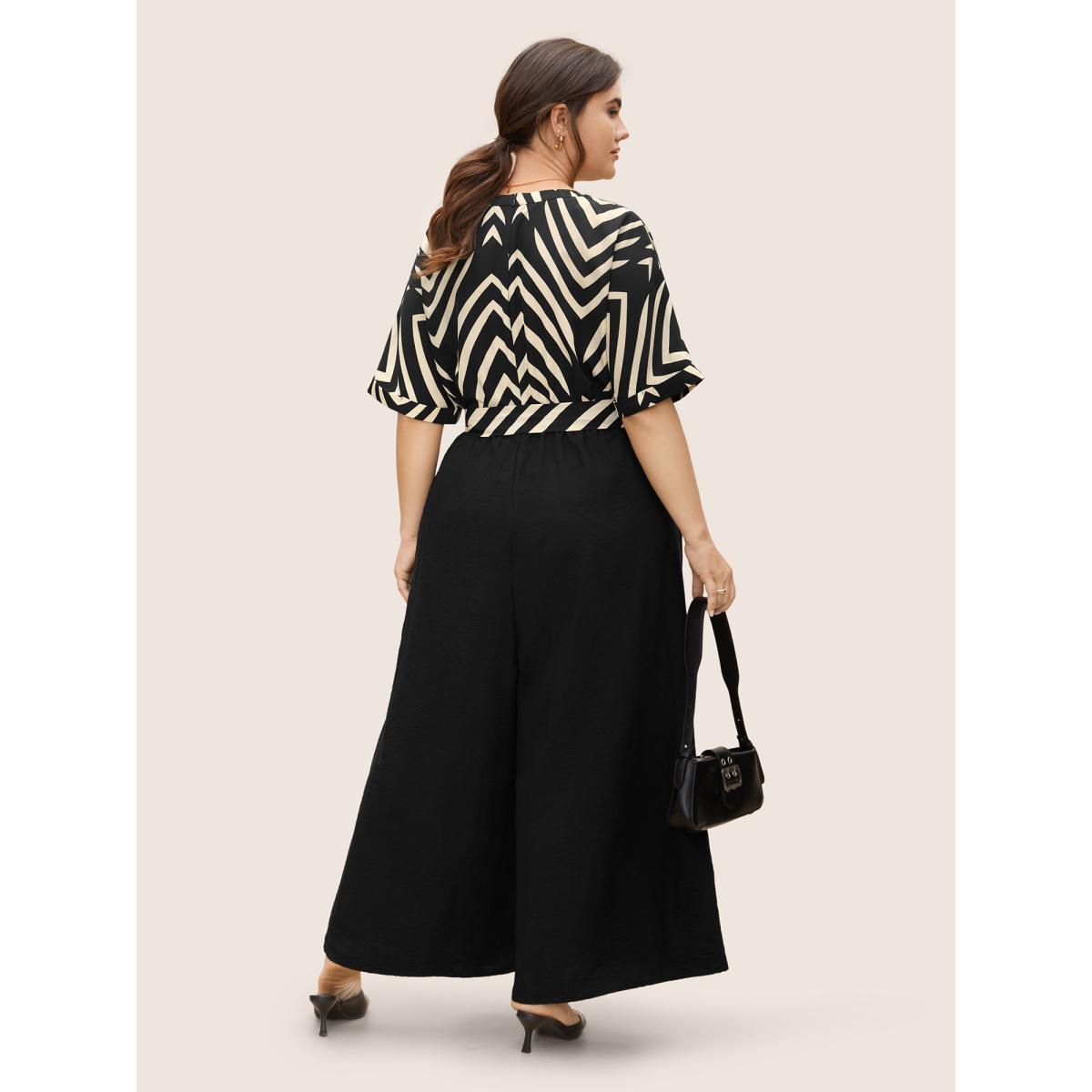 Plus Size Black Striped Patchwork Knot Cuffed Sleeve Jumpsuit Women Work From Home Half Sleeve Flat collar with V-notch Work Loose Jumpsuits BloomChic 14-16/1X Product Image