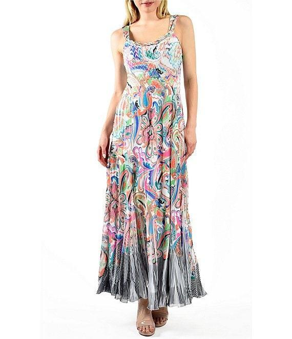 Komarov Chiffon Charmeuse Pyramid Pleated Paisley Print Scoop Neck Sleeveless Dress Product Image