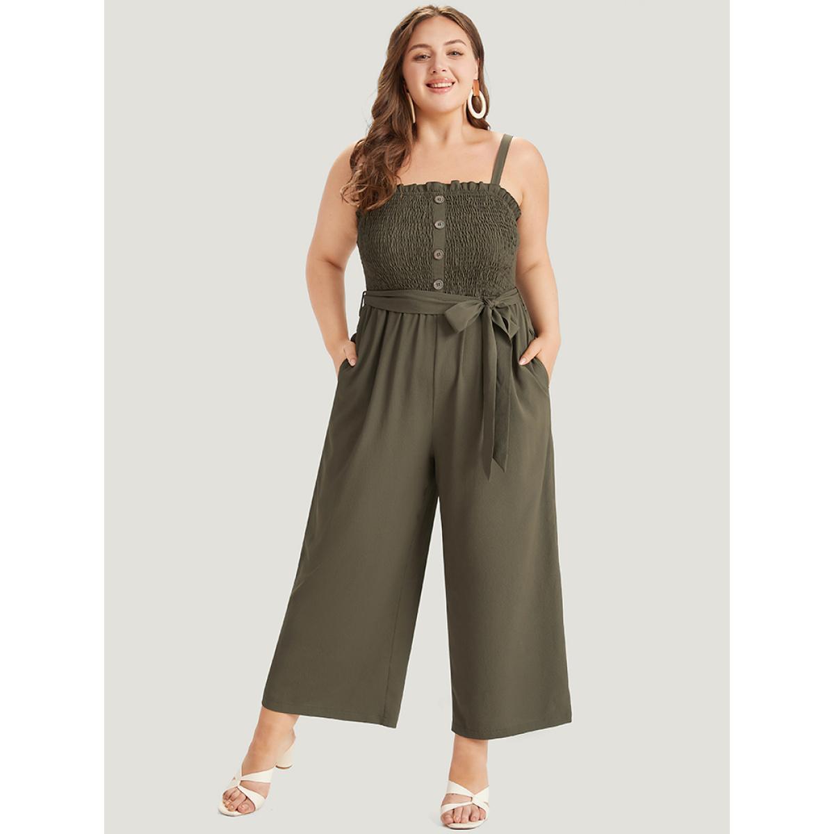 Plus Size ArmyGreen Shirred Frill Trim Belted Button Detail Cami Jumpsuit Women Elegant Sleeveless Square Neck Dailywear Loose Jumpsuits BloomChic 18-20/2X Product Image