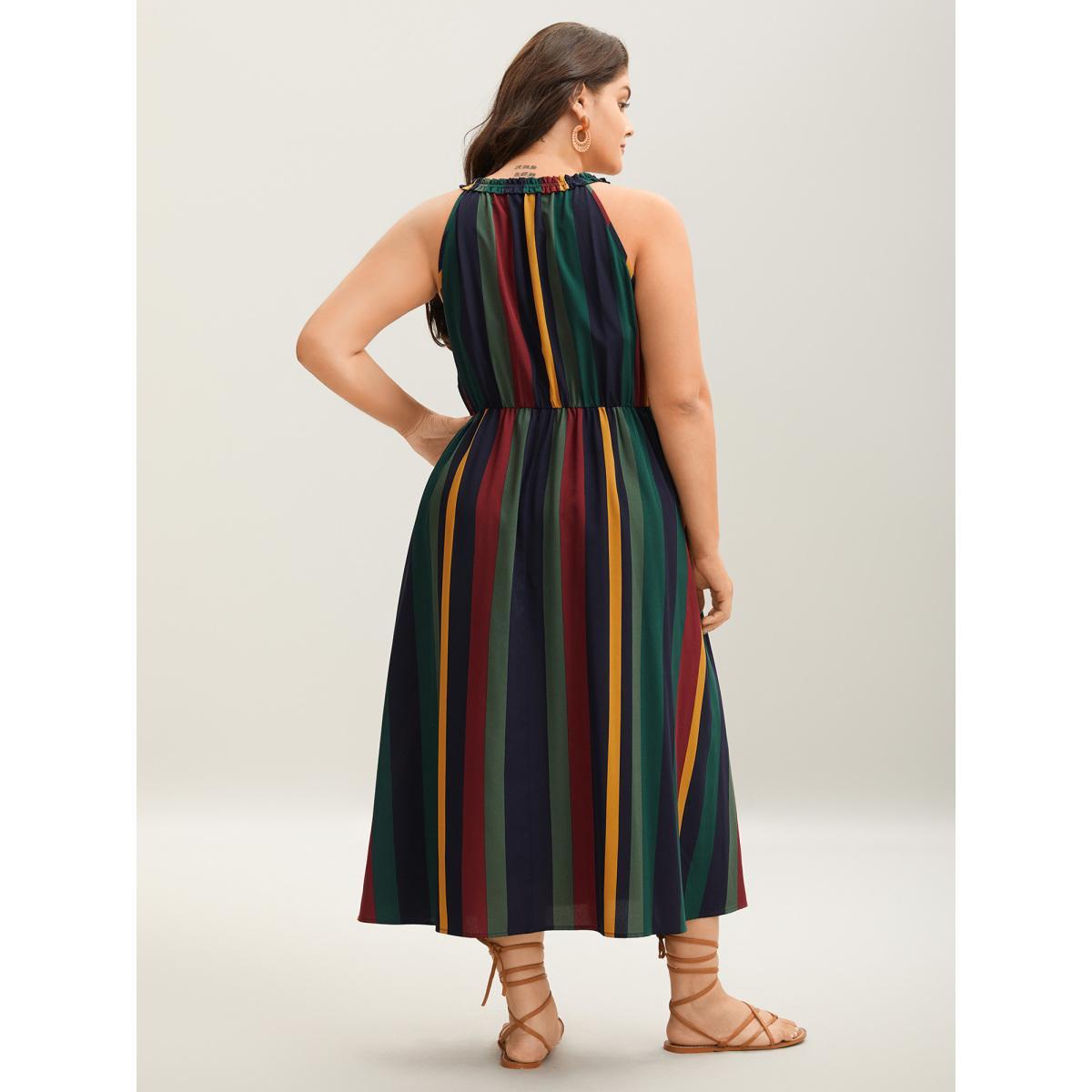Plus Size Multi-Color Stripes Waist-Defining Midi Dress Multicolor Women Tie knot V-neck Sleeveless Curvy BloomChic 10/M Product Image