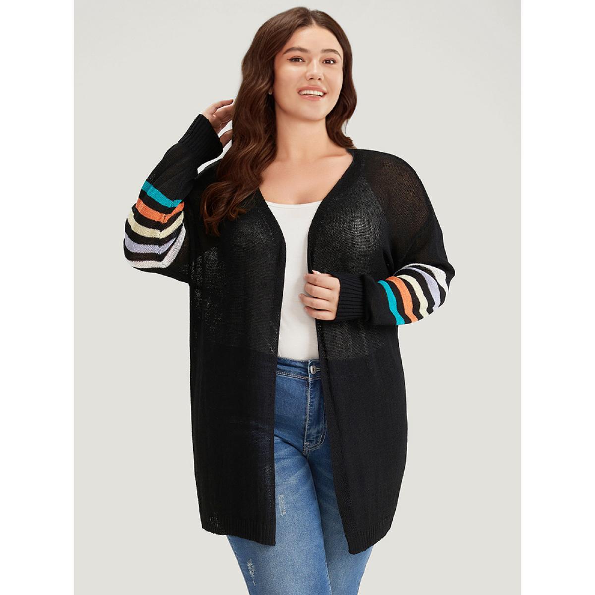 Plus Size Rainbow Striped Open Front Drop Shoulder Cardigan Black Women Casual Loose Long Sleeve Dailywear Cardigans BloomChic 10/M Product Image