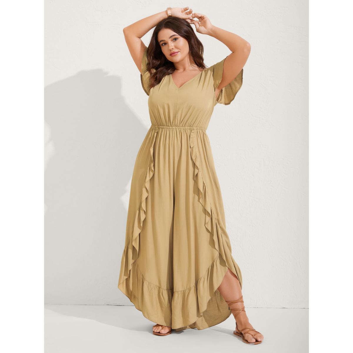 Plus Size Tan Ruffled Asymmetrical Hem Stretchy Jumpsuit Women Cap Sleeve V-neck Vacation Loose Jumpsuits BloomChic 30/6X Product Image