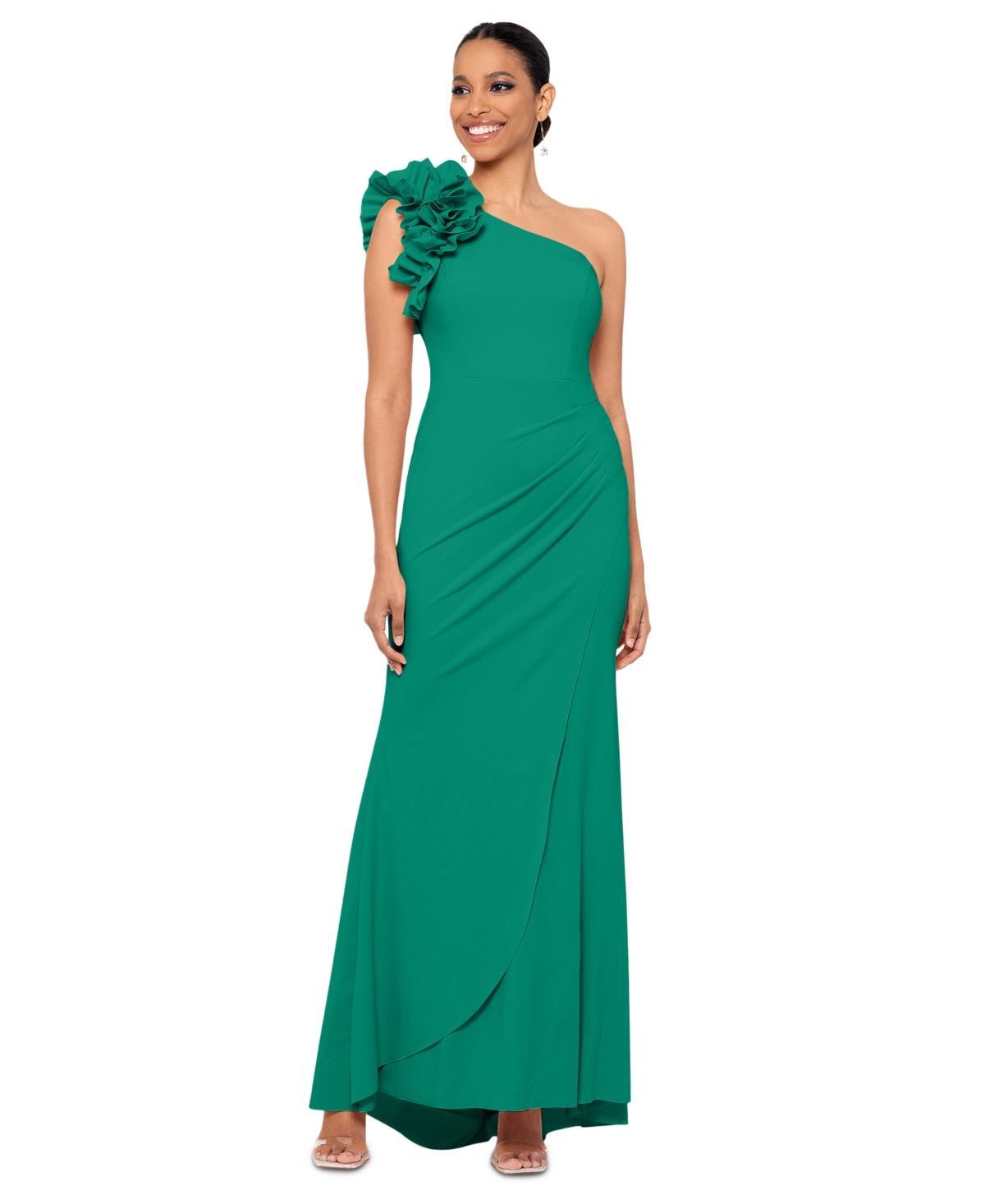 Xscape Petite Size Sleeveless Ruffled One Shoulder Scuba Crepe Sheath Gown Product Image