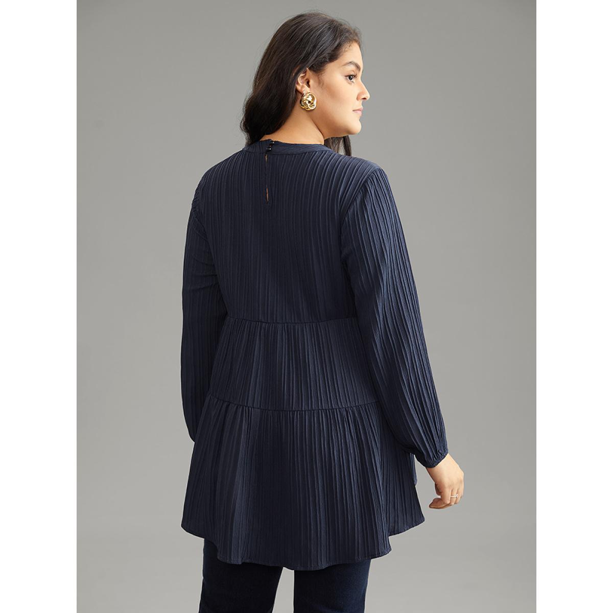 Plus Size Indigo Keyhole Textured Lantern Sleeve Layered Hem Blouse Women Casual Long Sleeve Keyhole Cut-Out Dailywear Blouses BloomChic 22-24/3X Product Image