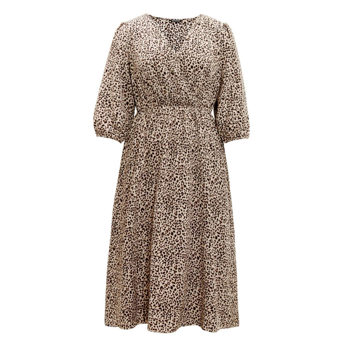 Plus Size Leopard Print Elastic Waist Wrap Dress LightBrown Women Office Elastic cuffs Overlap Collar Elbow-length sleeve Curvy Midi Dress BloomChic 18-20/2X Product Image