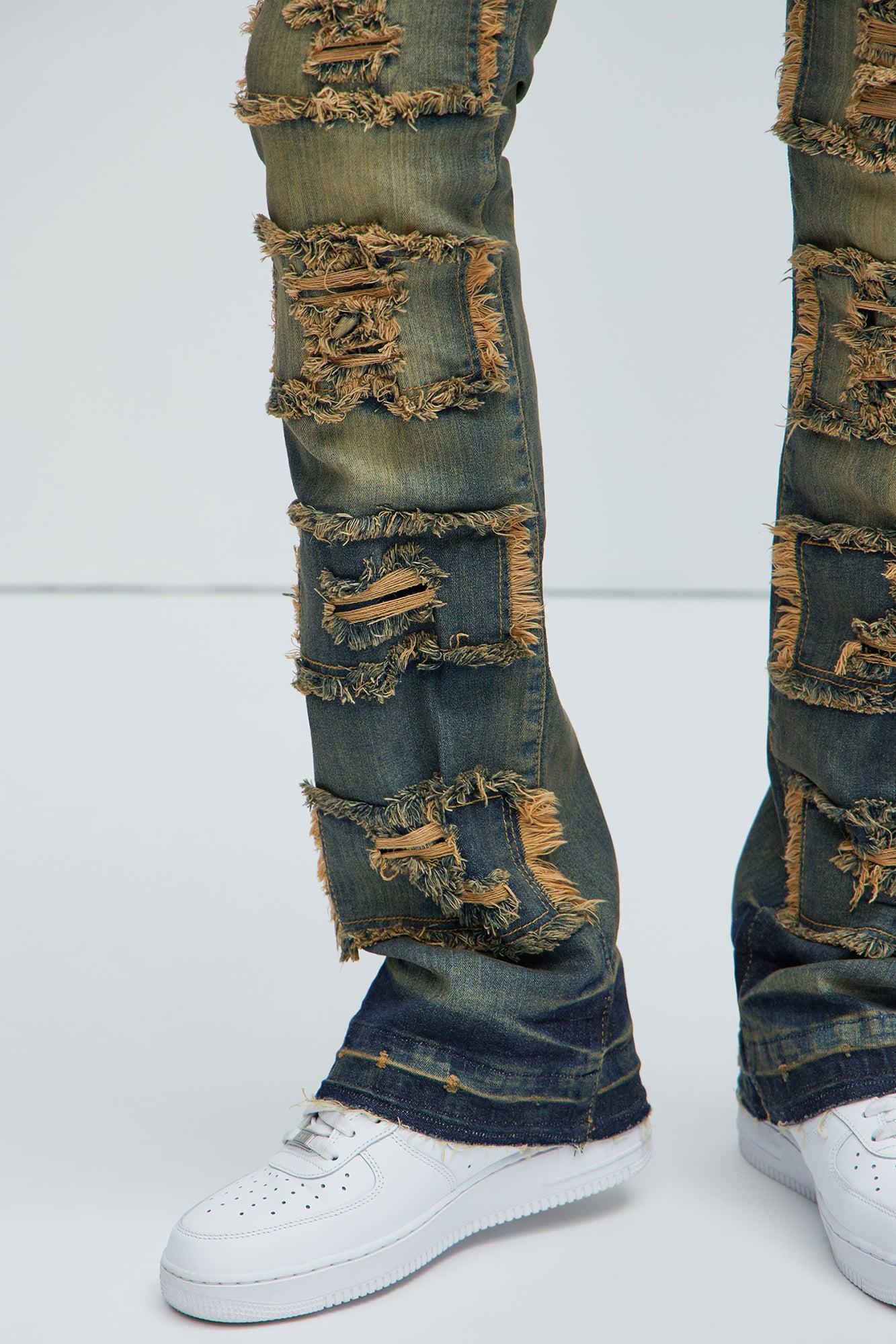 Patch Ripped Stacked Skinny Flare Jeans - Vintage Wash Product Image