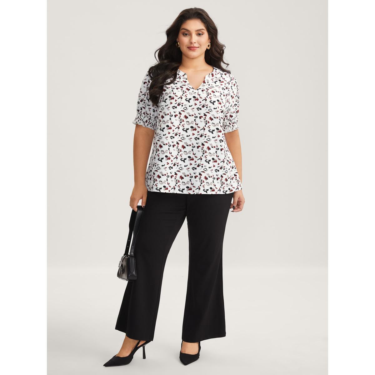 Plus Size Originalwhite Leopard Print Split Neck Blouse Women Short sleeve Notched collar Work Blouses BloomChic 28/5X Product Image