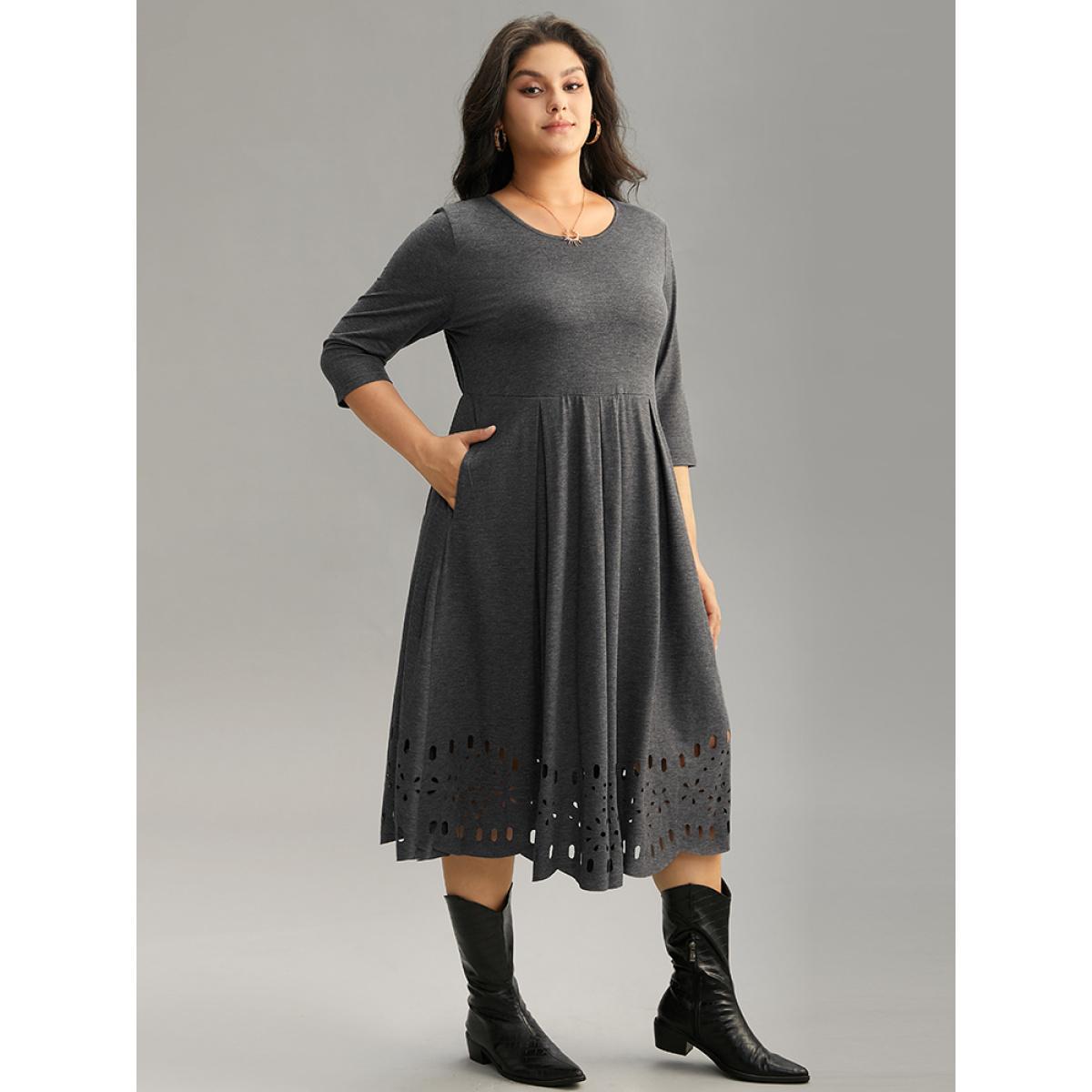 Plus Size Plain Elastic Waist Laser Cut Crew Neck Dress Gray Women Casual Plain Round Neck Elbow-length sleeve Curvy Midi Dress BloomChic 10/M Product Image