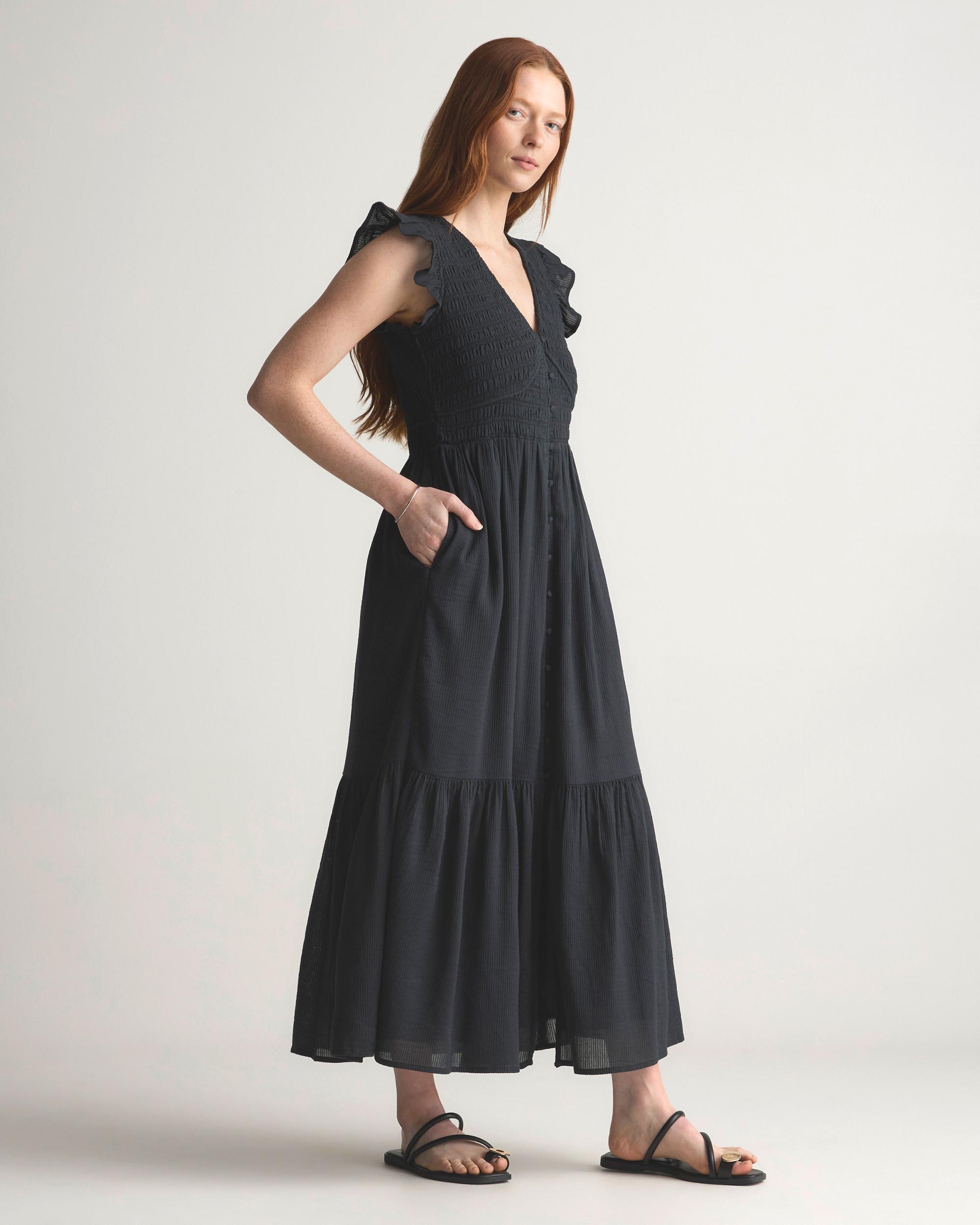 Quince | Women's Organic Textured Cotton Smocked V-Neck Midi Dress Size XS, Organic Cotton Product Image