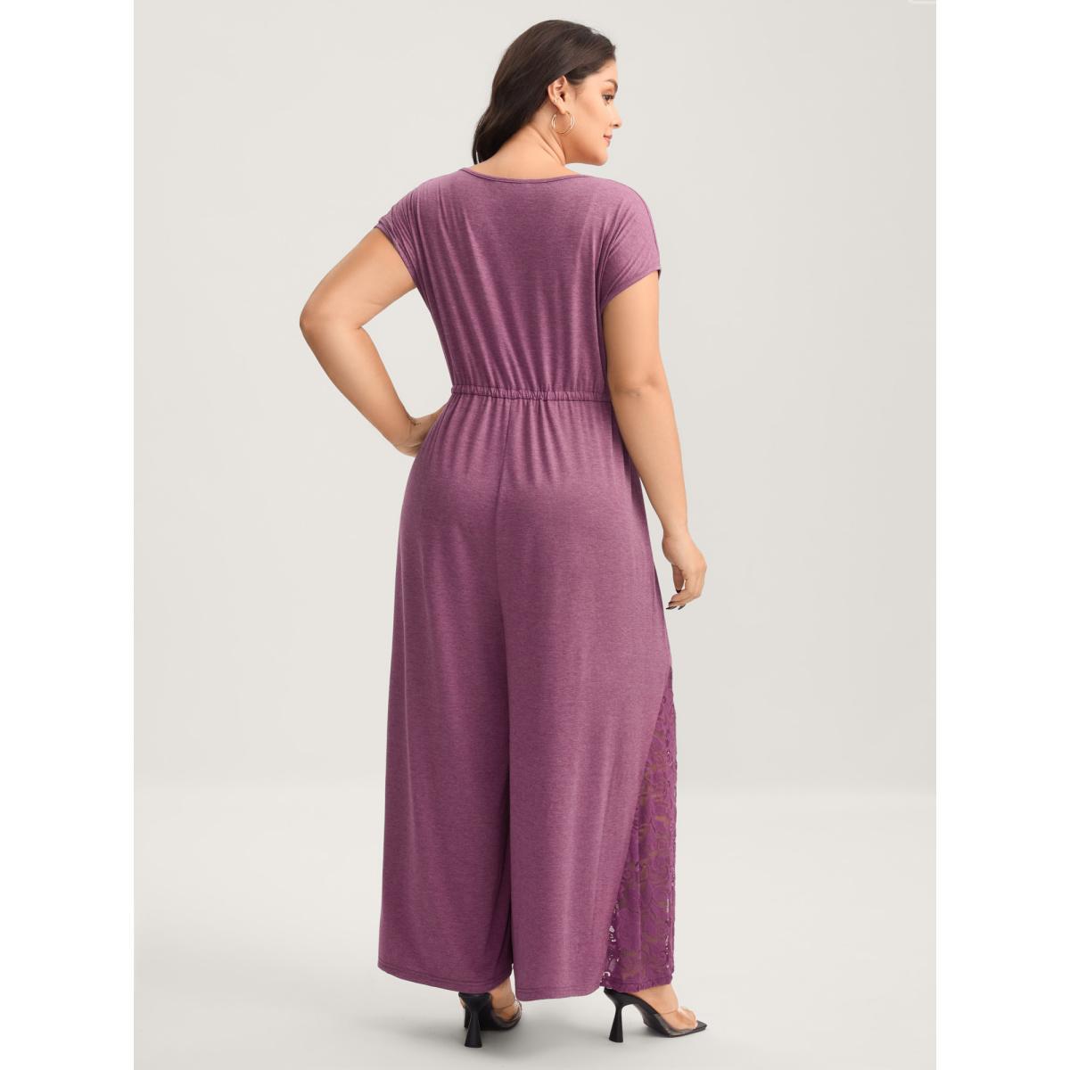 Plus Size Plum Very Stretchy Lace Waist-Tie Jumpsuit Women Cap Sleeve V-neck Vacation Loose Jumpsuits BloomChic 22-24/3X Product Image