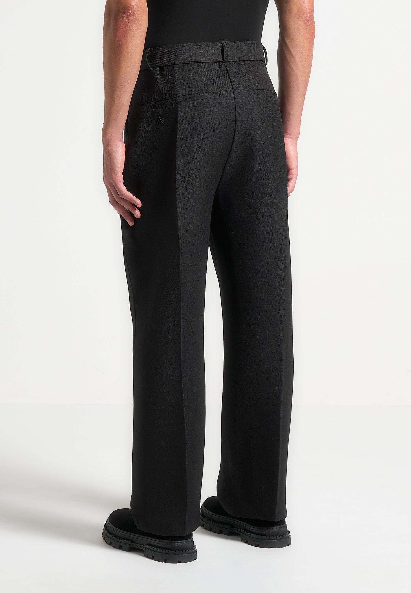 Relaxed Fit Textured Belted Tailored Trousers - Black Male Product Image