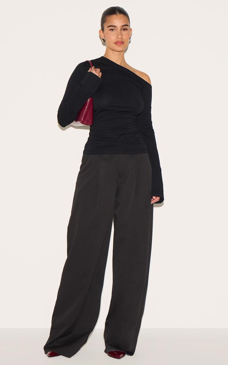 Black Asymmetric Ruched Flared Sleeve Long Top Product Image