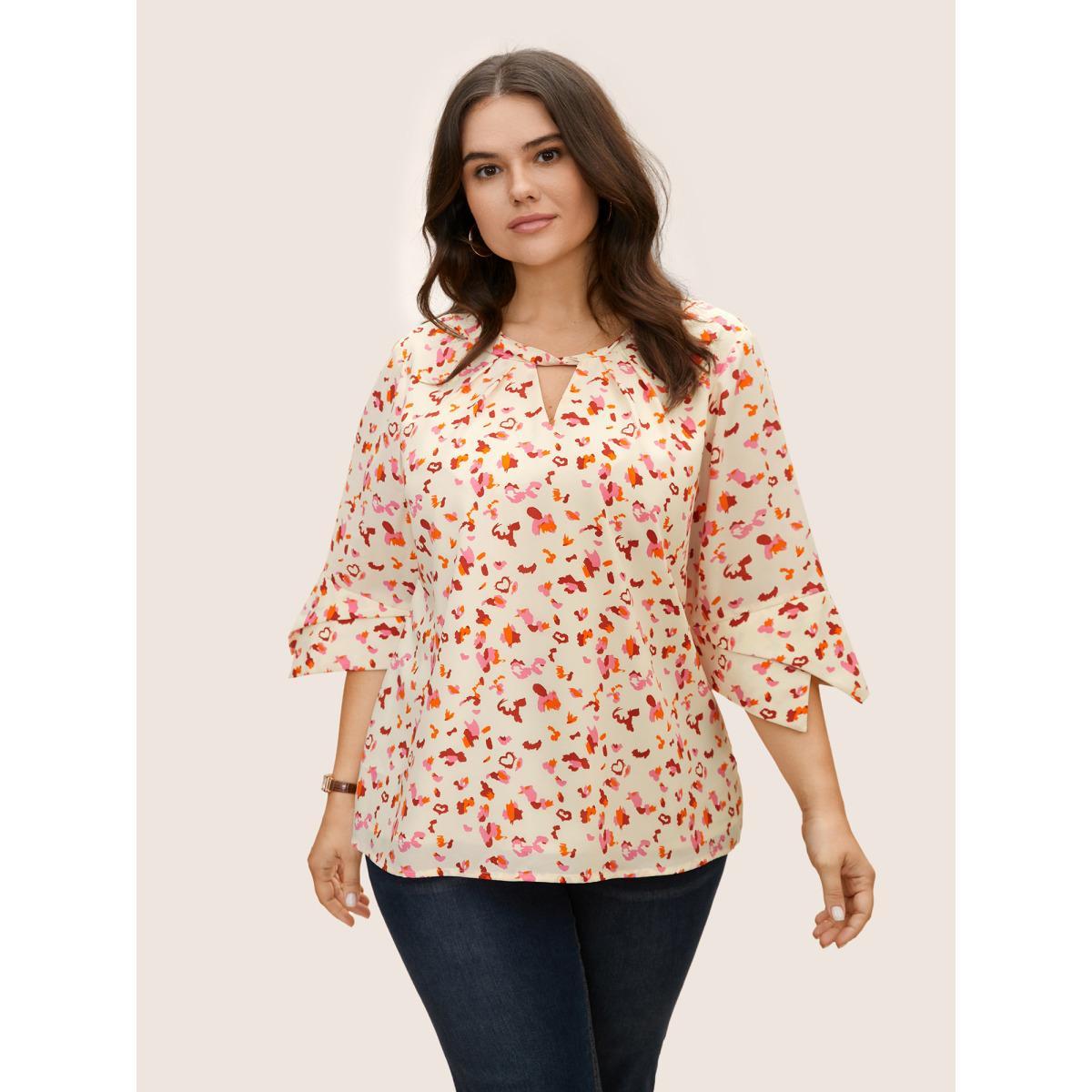 Plus Size Multicolor Allover Print Ruffle Sleeve Keyhole Blouse Women At the Office Elbow-length sleeve Round Neck Work Blouses BloomChic 14-16/1X Product Image