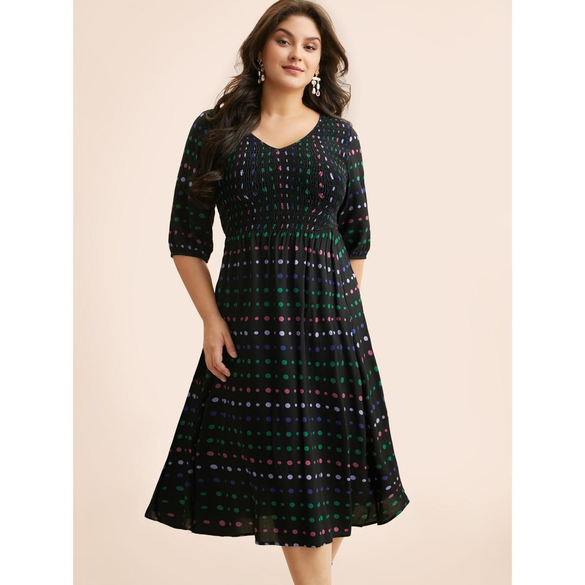 Plus Size Polka Dot Shirred Lantern Sleeve Dress Midnight Women Elegant Shirred V-neck Elbow-length sleeve Curvy BloomChic 30/6X Product Image